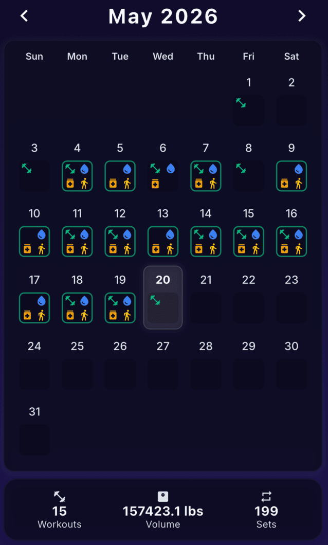 Lifted lift log: monthly calendar of workouts